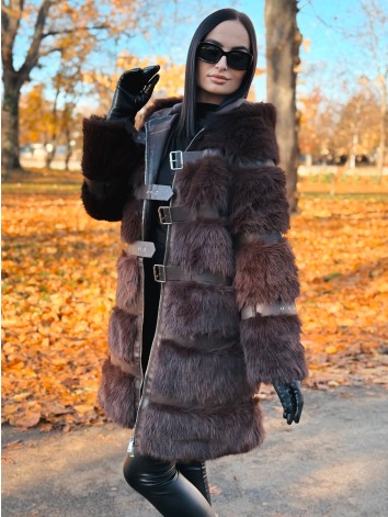 Dámsky dlhý hnedý kožuch s kapucňou LEMILA