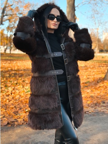 Dámsky dlhý hnedý kožuch s kapucňou LEMILA