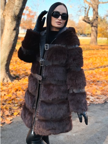 Dámsky dlhý hnedý kožuch s kapucňou LEMILA