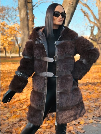 Dámsky dlhý hnedý kožuch s kapucňou LEMILA