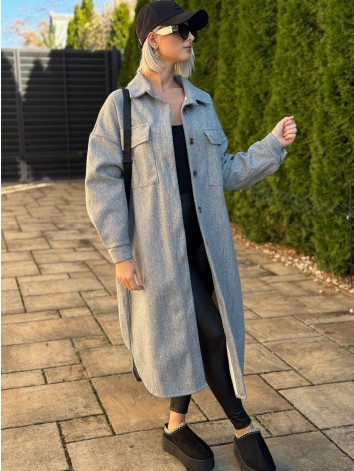 Dámsky dlhý sivý kabát s opaskom