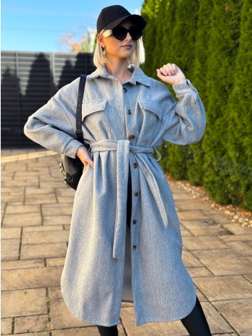 Dámsky dlhý sivý kabát s opaskom