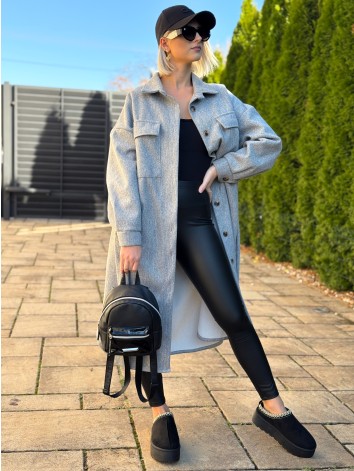 Dámsky dlhý sivý kabát s opaskom