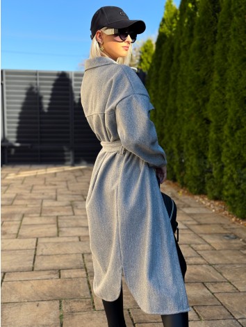 Dámsky dlhý sivý kabát s opaskom