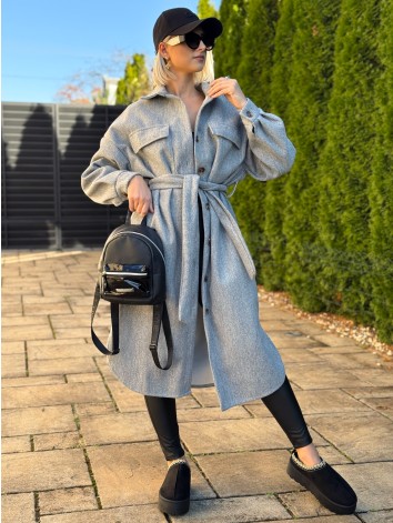 Dámsky dlhý sivý kabát s opaskom