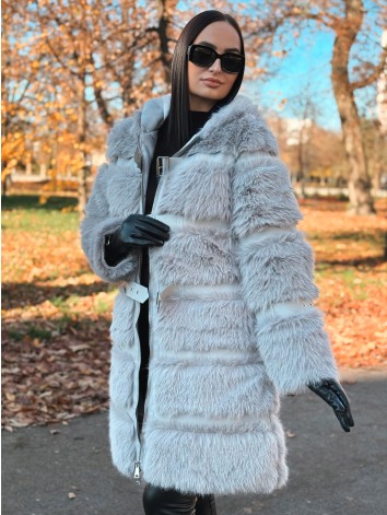 Dámsky dlhý sivý kožuch s kapucňou LEMILA
