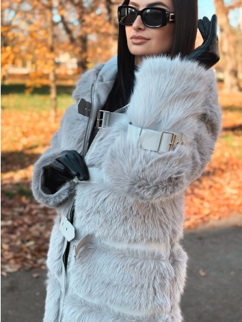 Dámsky dlhý sivý kožuch s kapucňou LEMILA