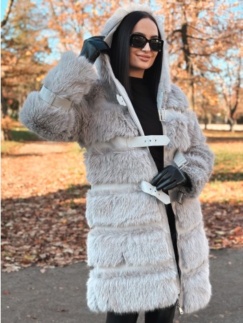 Dámsky dlhý sivý kožuch s kapucňou LEMILA