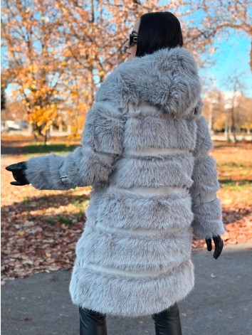 Dámsky dlhý sivý kožuch s kapucňou LEMILA