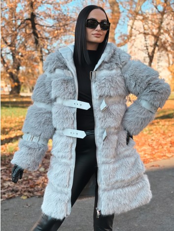 Dámsky dlhý sivý kožuch s kapucňou LEMILA