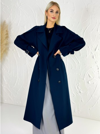 Dámsky dlhý tmavomodrý trenčkot s opaskom a gombíkmi