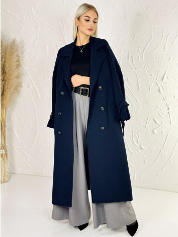 Dámsky dlhý tmavomodrý trenčkot s opaskom a gombíkmi