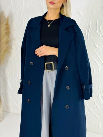 Dámsky dlhý tmavomodrý trenčkot s opaskom a gombíkmi