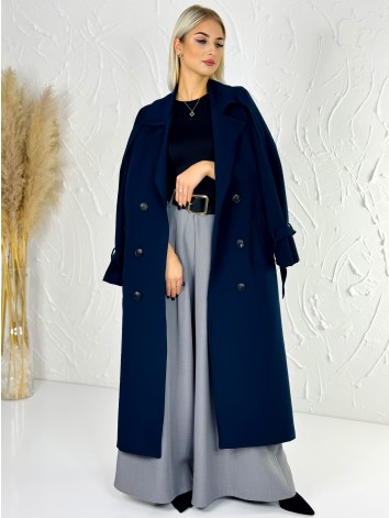 Dámsky dlhý tmavomodrý trenčkot s opaskom a gombíkmi