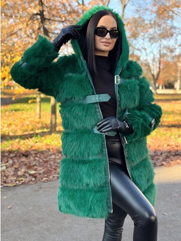 Dámsky dlhý zelený kožuch s kapucňou LEMILA