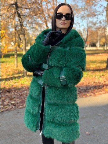 Dámsky dlhý zelený kožuch s kapucňou LEMILA