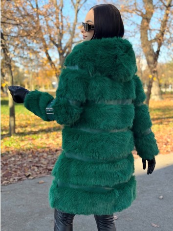 Dámsky dlhý zelený kožuch s kapucňou LEMILA