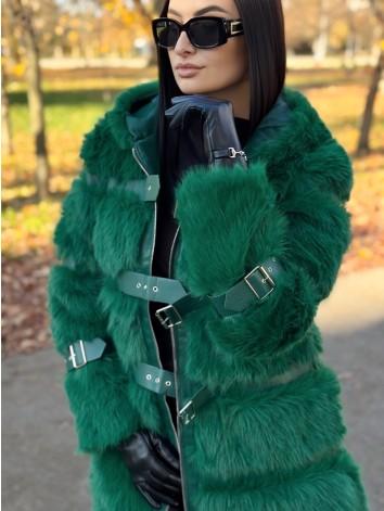 Dámsky dlhý zelený kožuch s kapucňou LEMILA