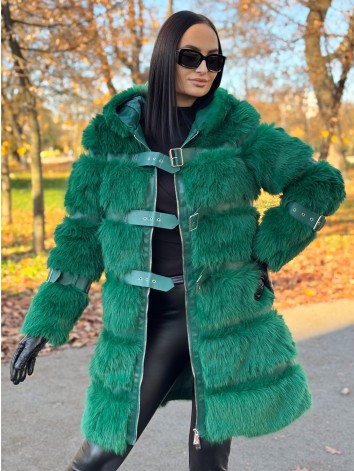 Dámsky dlhý zelený kožuch s kapucňou LEMILA
