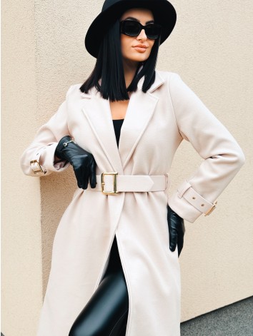 Dámsky elegantný béžový kabát s opaskom a prackami Droin
