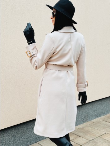 Dámsky elegantný béžový kabát s opaskom a prackami Droin