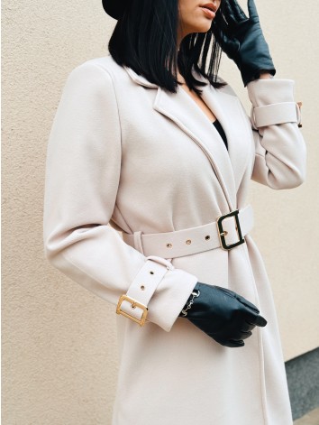 Dámsky elegantný béžový kabát s opaskom a prackami Droin