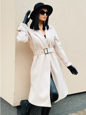 Dámsky elegantný béžový kabát s opaskom a prackami Droin