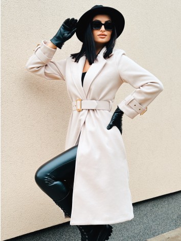 Dámsky elegantný béžový kabát s opaskom a prackami Droin