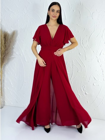 Dámsky elegantný bordový overal s krátkym rukávom pre moletky