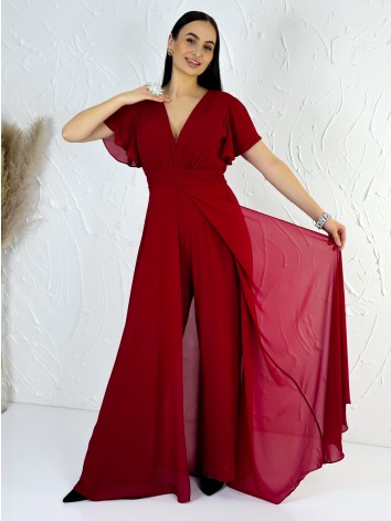 Dámsky elegantný bordový overal s krátkym rukávom pre moletky