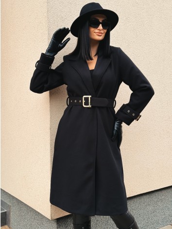 Dámsky elegantný čierny kabát s opaskom a prackami Droin