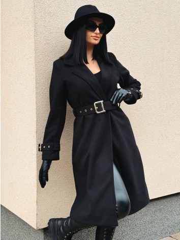 Dámsky elegantný čierny kabát s opaskom a prackami Droin