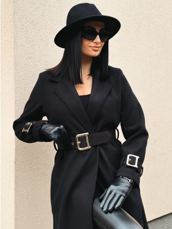 Dámsky elegantný čierny kabát s opaskom a prackami Droin