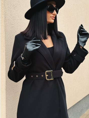 Dámsky elegantný čierny kabát s opaskom a prackami Droin