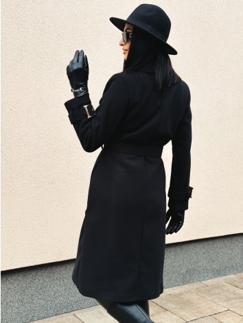 Dámsky elegantný čierny kabát s opaskom a prackami Droin