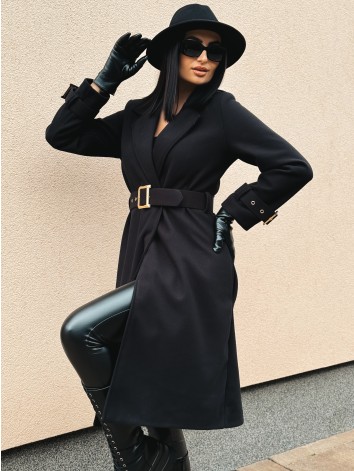 Dámsky elegantný čierny kabát s opaskom a prackami Droin