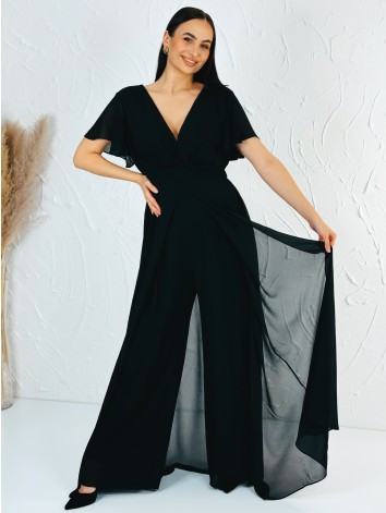 Dámsky elegantný čierny overal s krátkym rukávom pre moletky