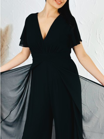 Dámsky elegantný čierny overal s krátkym rukávom pre moletky