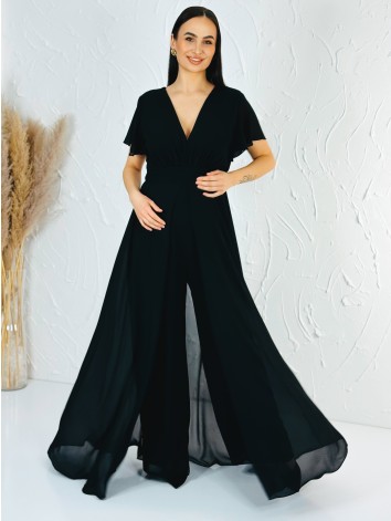 Dámsky elegantný čierny overal s krátkym rukávom pre moletky