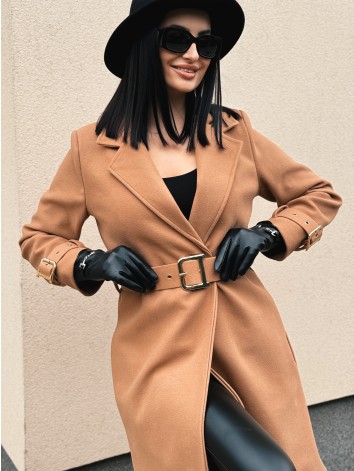 Dámsky elegantný hnedý kabát s opaskom a prackami Droin