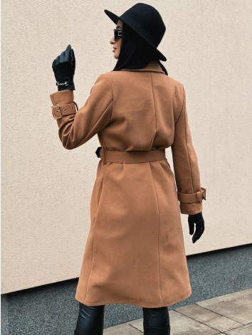 Dámsky elegantný hnedý kabát s opaskom a prackami Droin