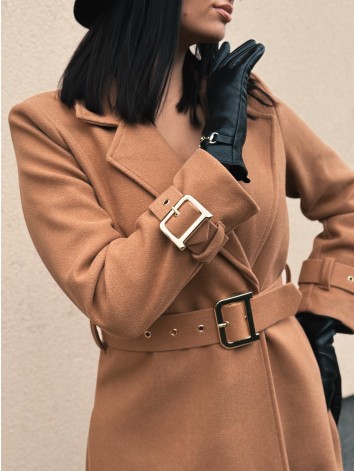 Dámsky elegantný hnedý kabát s opaskom a prackami Droin