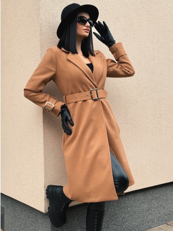 Dámsky elegantný hnedý kabát s opaskom a prackami Droin