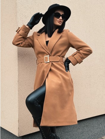 Dámsky elegantný hnedý kabát s opaskom a prackami Droin