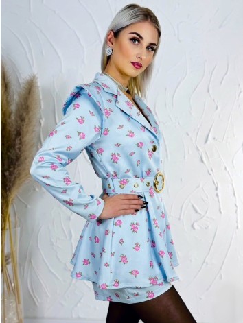 Dámsky elegantný kvetovaný overal s opaskom - modrý