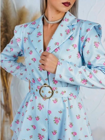 Dámsky elegantný kvetovaný overal s opaskom - modrý