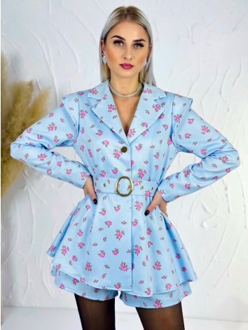 Dámsky elegantný kvetovaný overal s opaskom - modrý