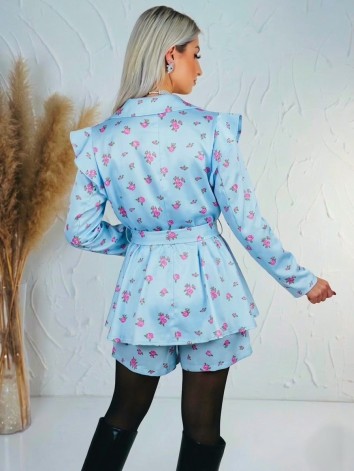 Dámsky elegantný kvetovaný overal s opaskom - modrý