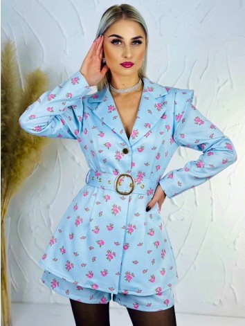 Dámsky elegantný kvetovaný overal s opaskom - modrý