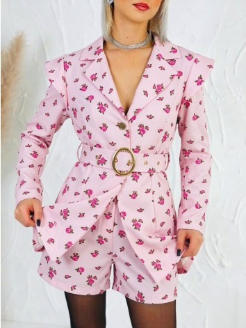Dámsky elegantný kvetovaný overal s opaskom - ružový